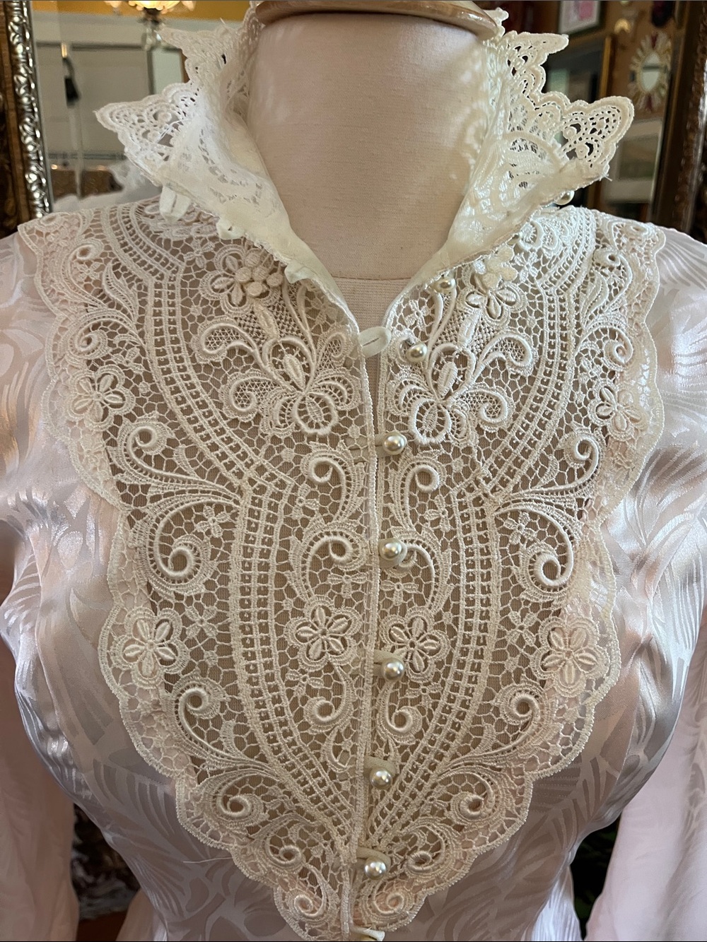 Vintage Miss Ashlee Pink & Cream Lace High-Neck Victorian-Inspired Blouse Size 6 - Picture 12 of 17